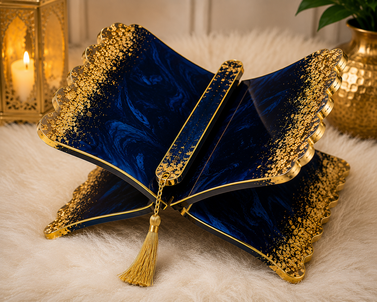 Noor Midnight Blue & Gold Resin Rehal – Handmade Quran Stand.