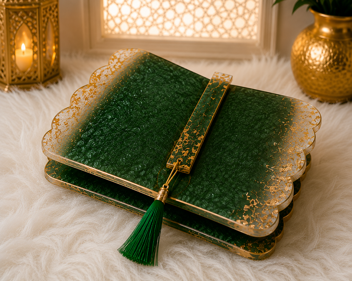 Noor Emerald Green & Gold Resin Rehal – Handmade Quran Stand.