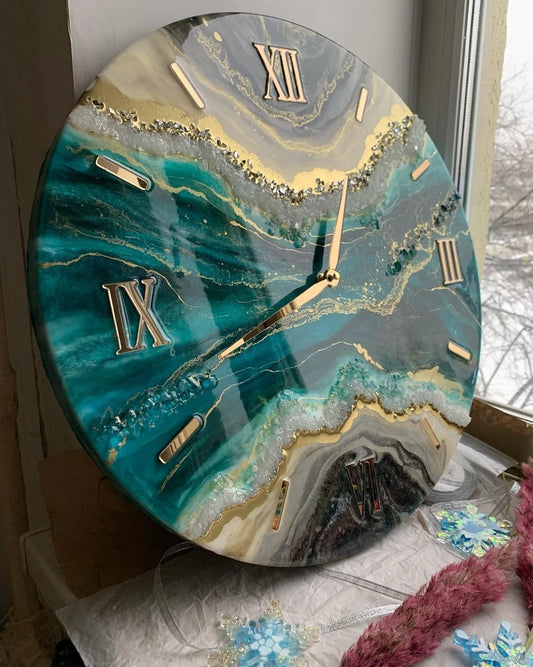 Emerald Glacier Gold Geode Resin Wall Clock