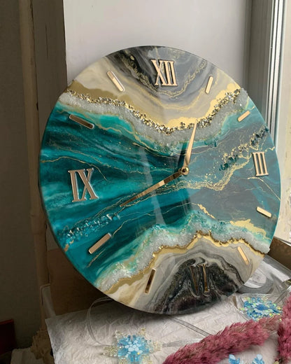 Emerald Glacier Gold Geode Resin Wall Clock