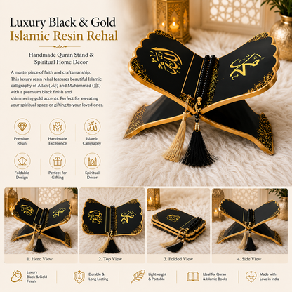 Onyx Noor Black & Gold Resin Rehal – Handmade Quran Stand.