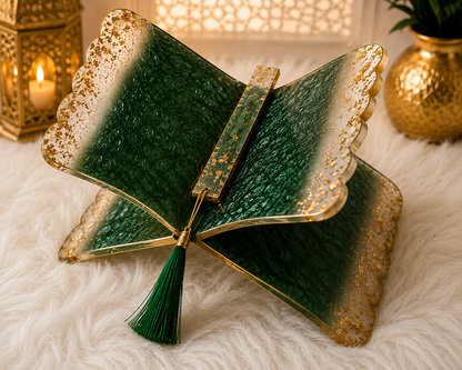 Noor Emerald Green & Gold Resin Rehal – Handmade Quran Stand.