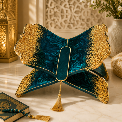 Teal Noor Blue & Gold Resin Rehal – Handmade Quran Stand.