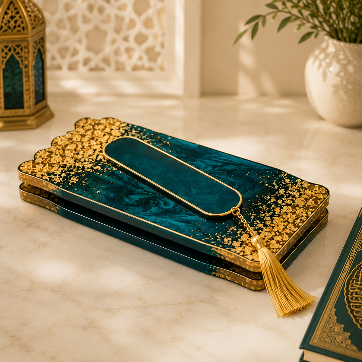 Teal Noor Blue & Gold Resin Rehal – Handmade Quran Stand.