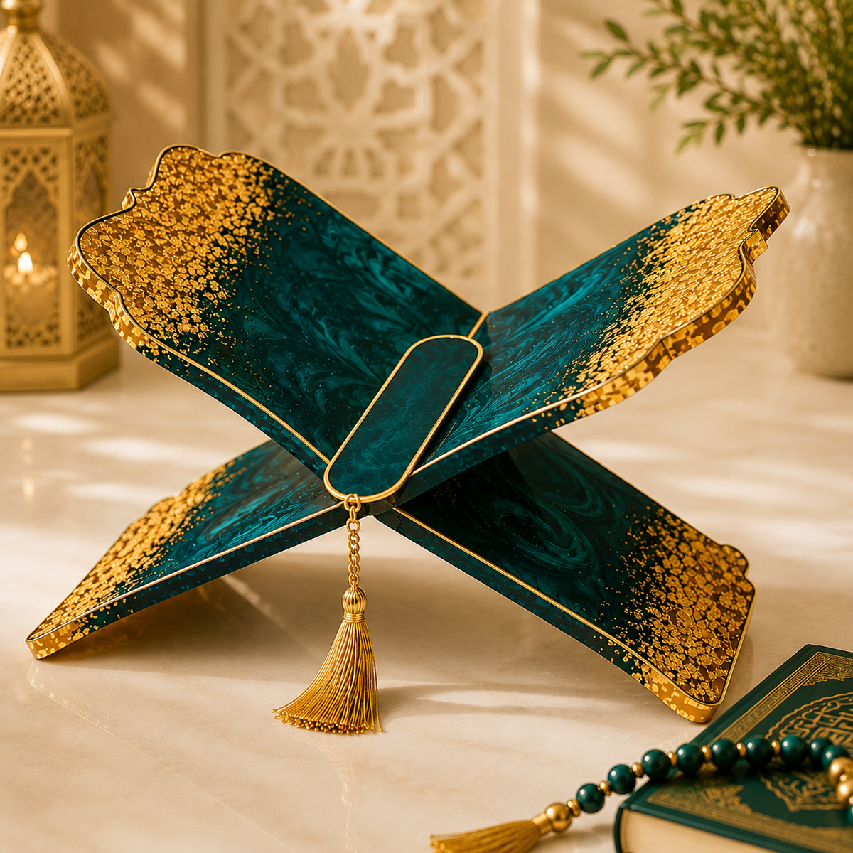 Teal Noor Blue & Gold Resin Rehal – Handmade Quran Stand.