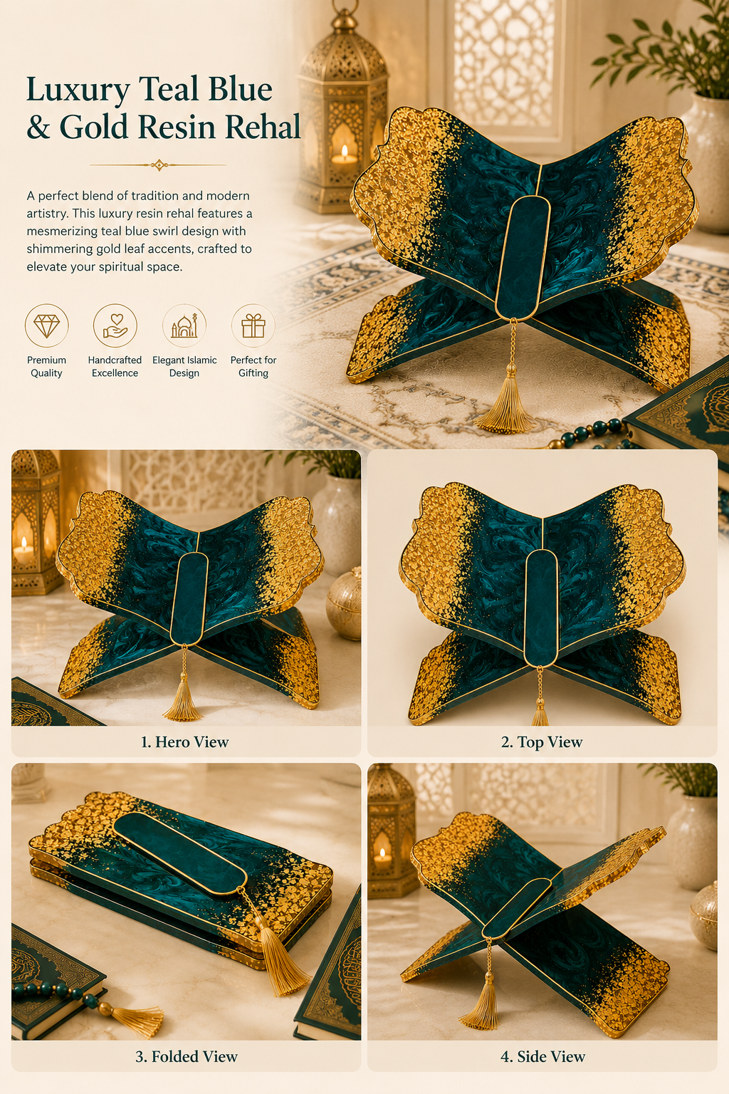 Teal Noor Blue & Gold Resin Rehal – Handmade Quran Stand.
