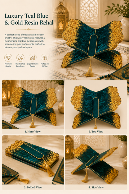 Teal Noor Blue & Gold Resin Rehal – Handmade Quran Stand.