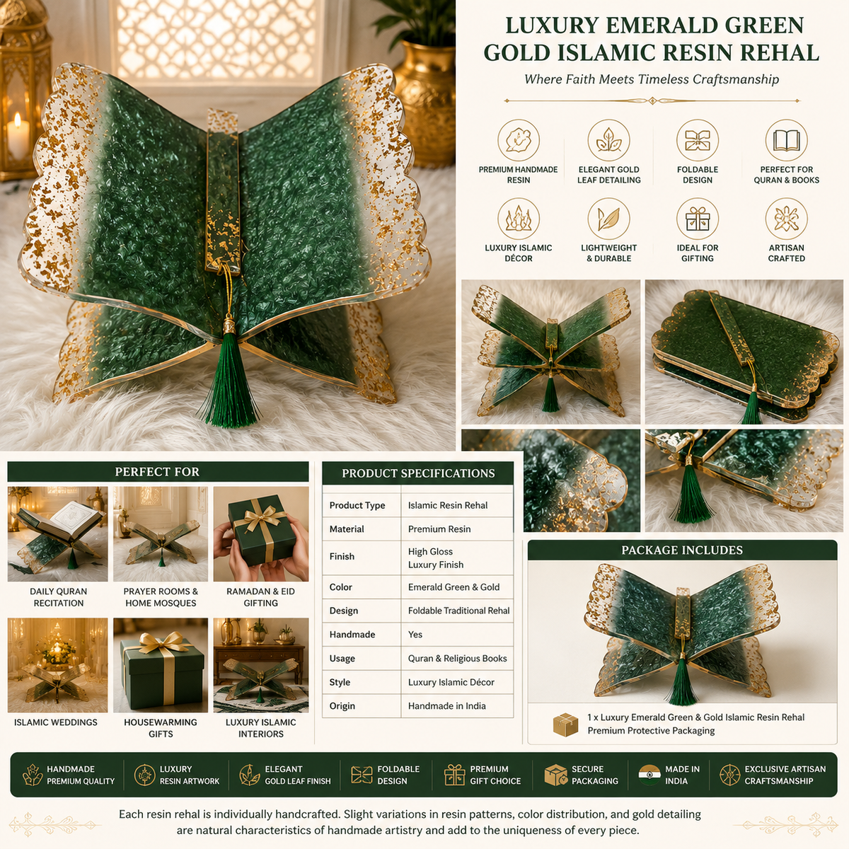 Noor Emerald Green & Gold Resin Rehal – Handmade Quran Stand.