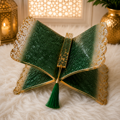 Noor Emerald Green & Gold Resin Rehal – Handmade Quran Stand.