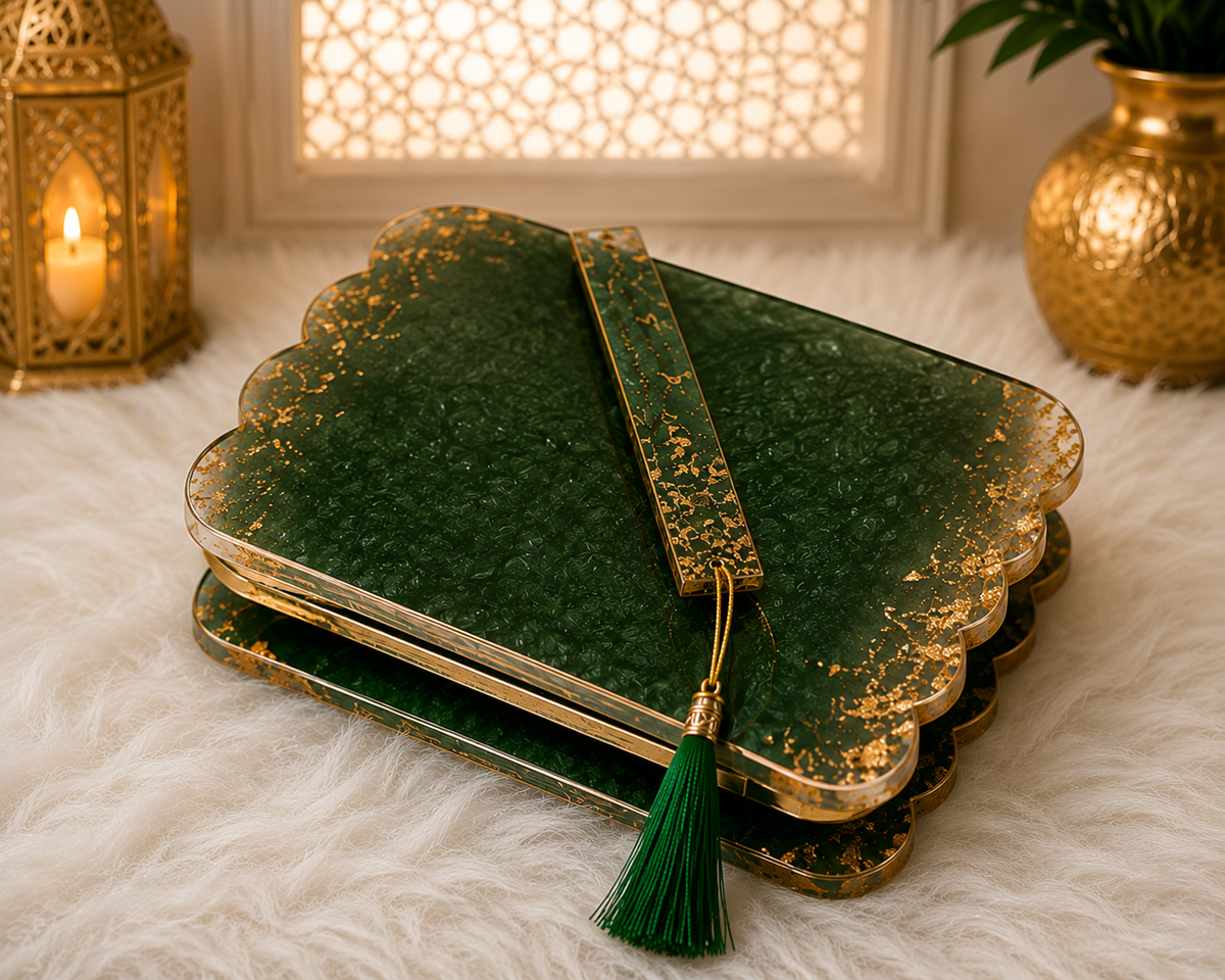 Noor Emerald Green & Gold Resin Rehal – Handmade Quran Stand.