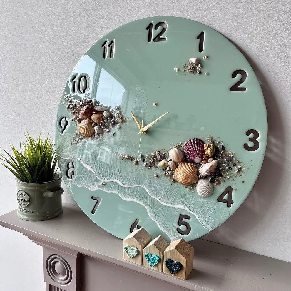 Seafoam Serenity Shell Resin Wall Clock