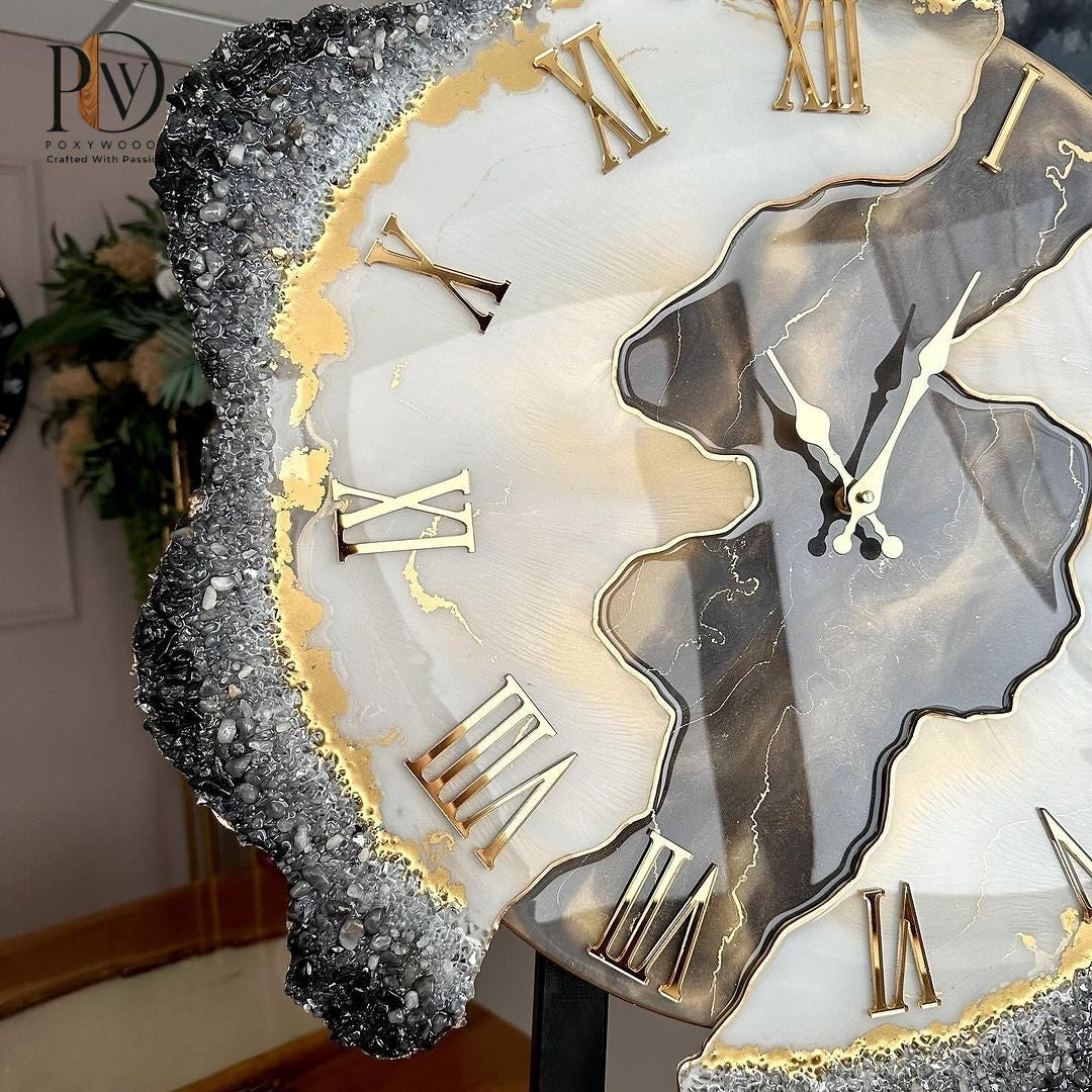 Artisan Grade Gray Agate Gold Accented Resin Clock