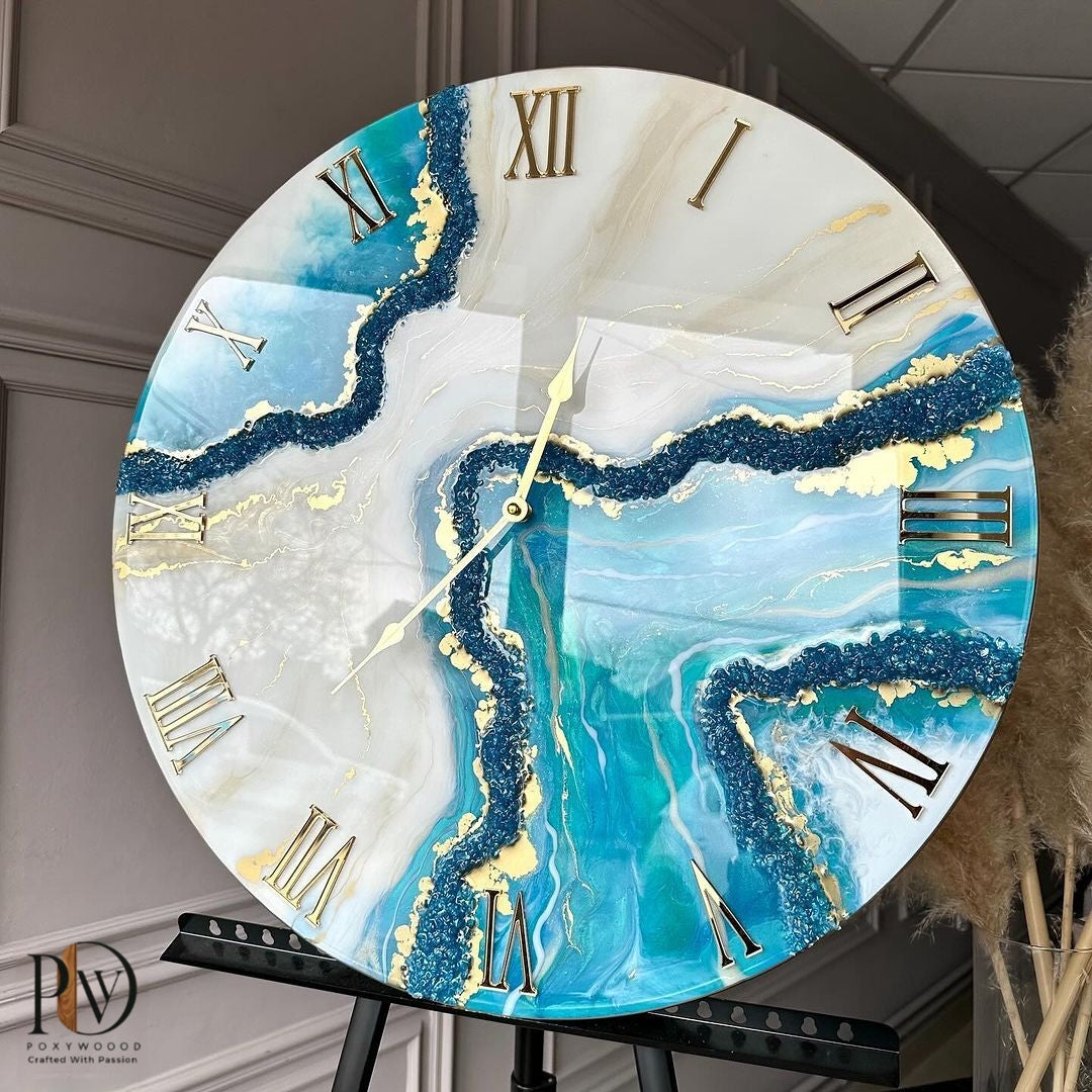 Azure Geode Luxury Roman Wall Clock