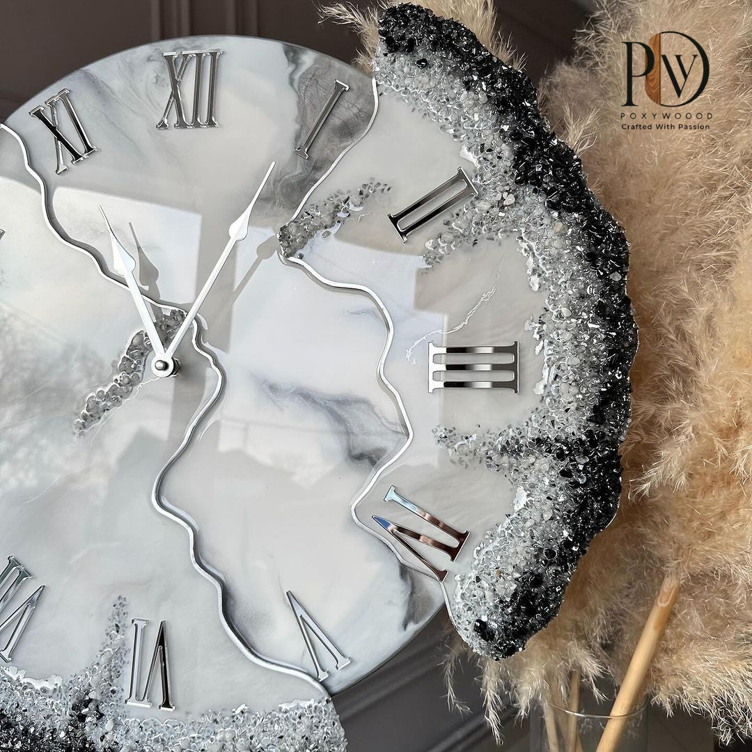 Black Ice Serenity Clock with Sleek Design and Textured Veins