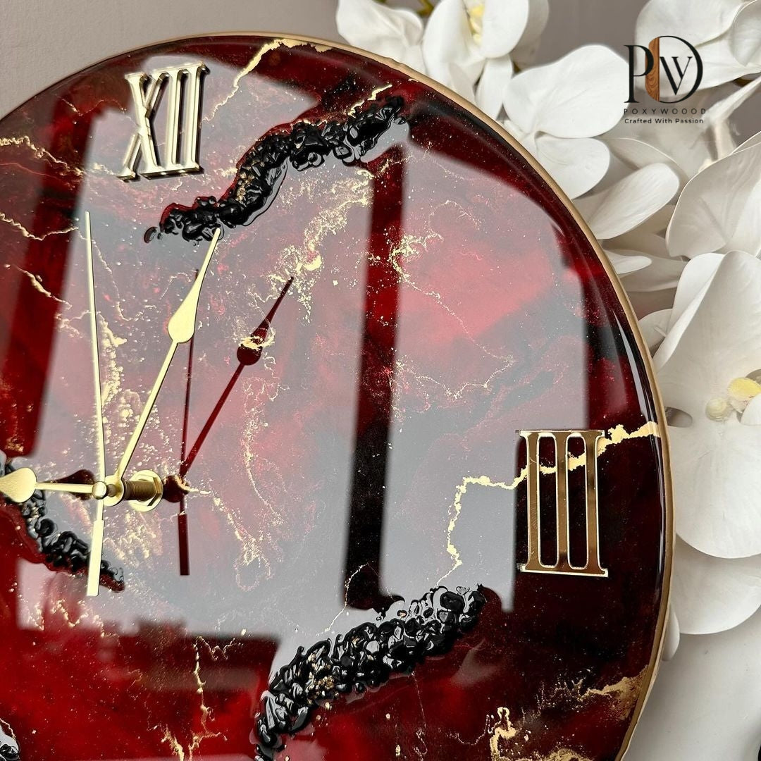 Red Obsidian Gold Resin Handmade Clock