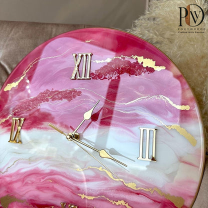 Rosy Dreamscape Luxurious Resin Wall Clock with Golden Highlights