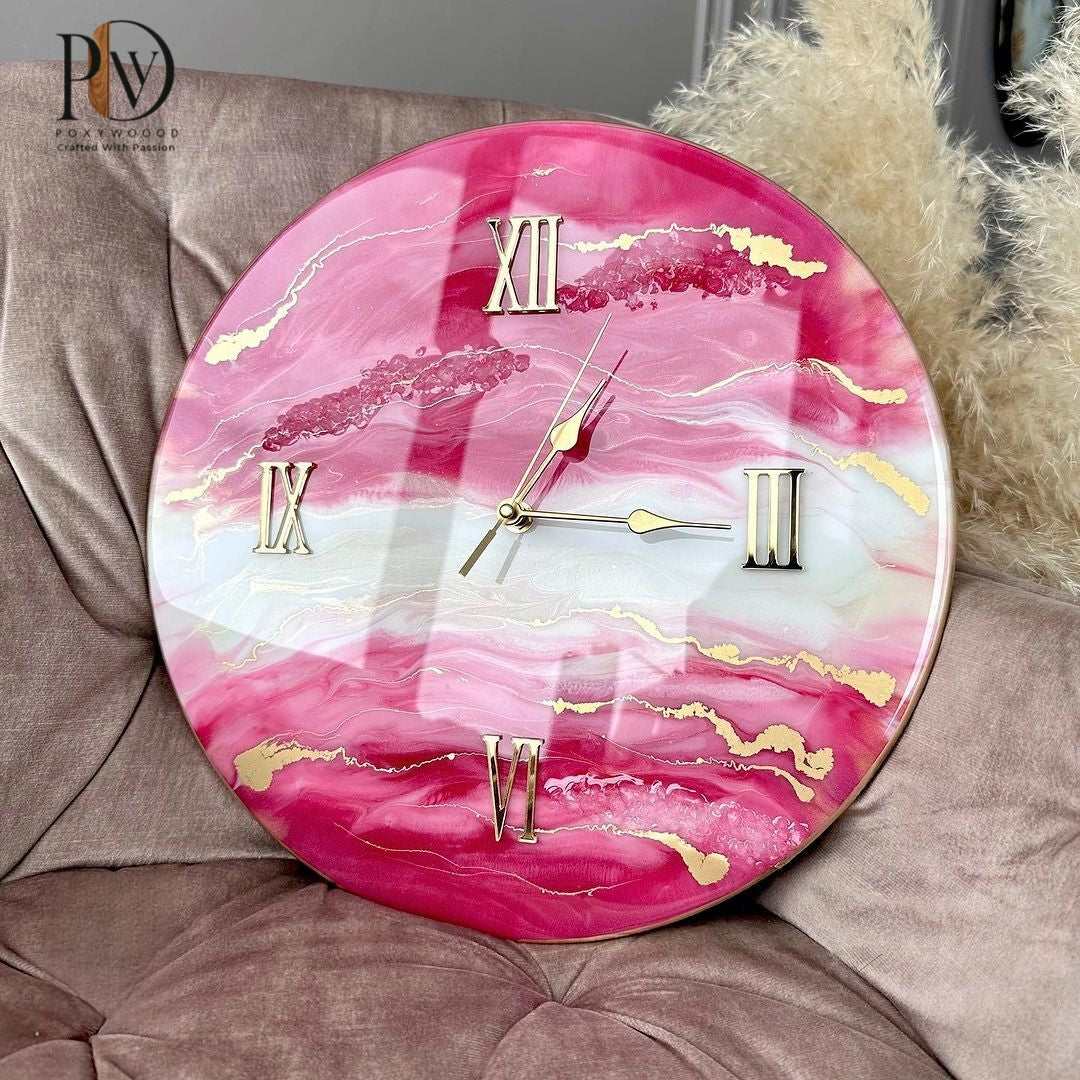 Rosy Dreamscape Luxurious Resin Wall Clock with Golden Highlights