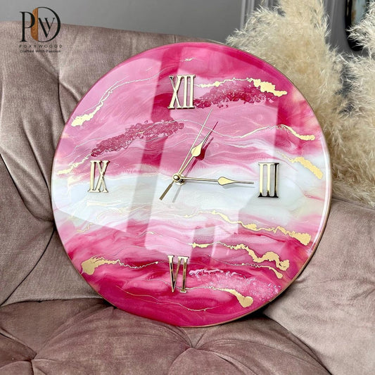 Rosy Dreamscape Luxurious Resin Wall Clock with Golden Highlights
