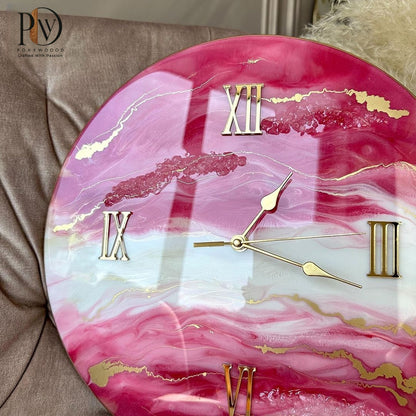 Rosy Dreamscape Luxurious Resin Wall Clock with Golden Highlights