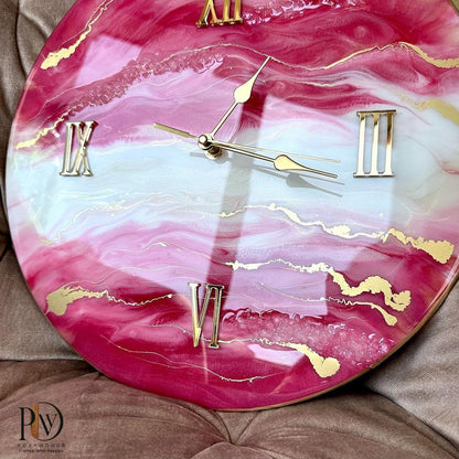 Rosy Dreamscape Luxurious Resin Wall Clock with Golden Highlights
