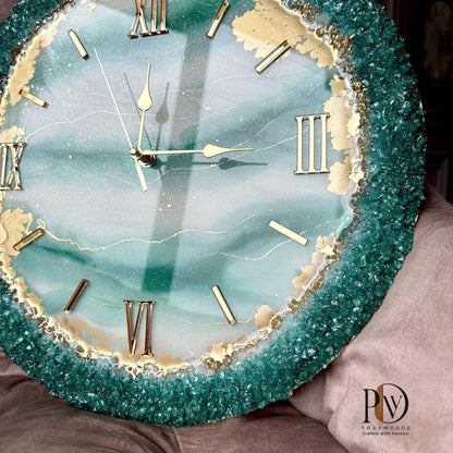 Aqua Gem Elegant Green and Gold Resin Wall Timepiece