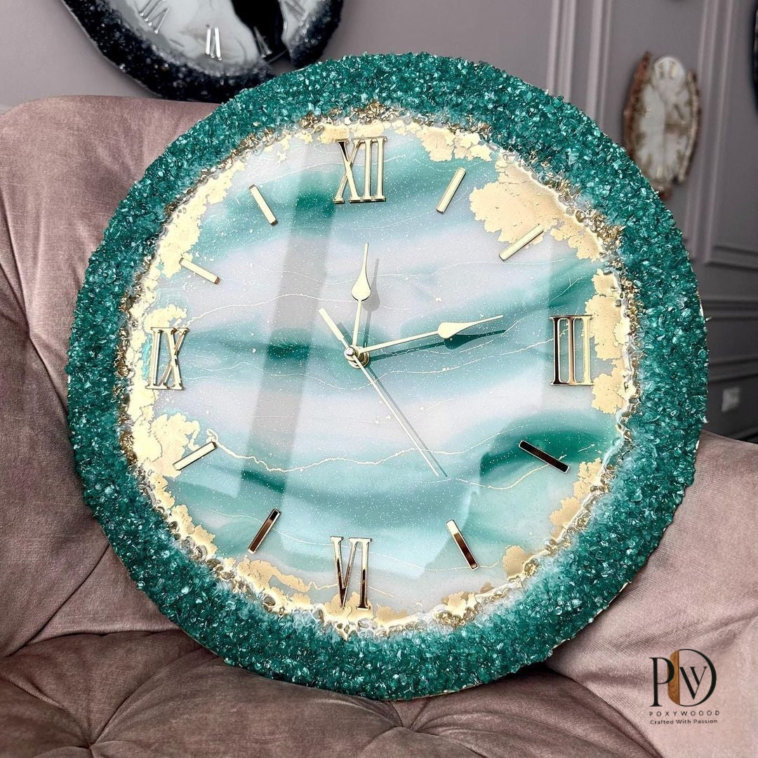 Aqua Gem Elegant Green and Gold Resin Wall Timepiece