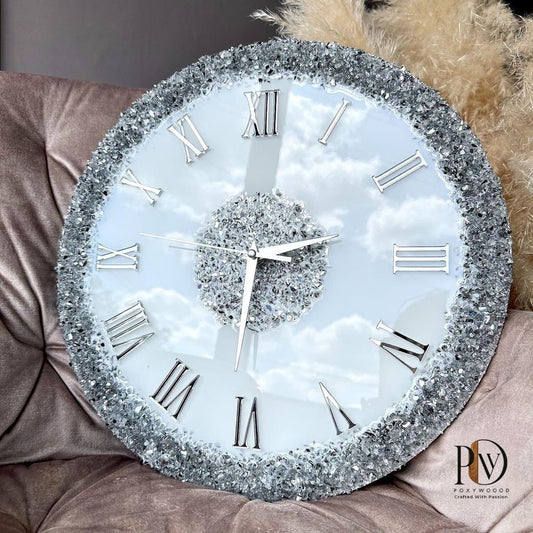 Silver Elegance  Epoxy Resin Wall Clock with Roman Numerals