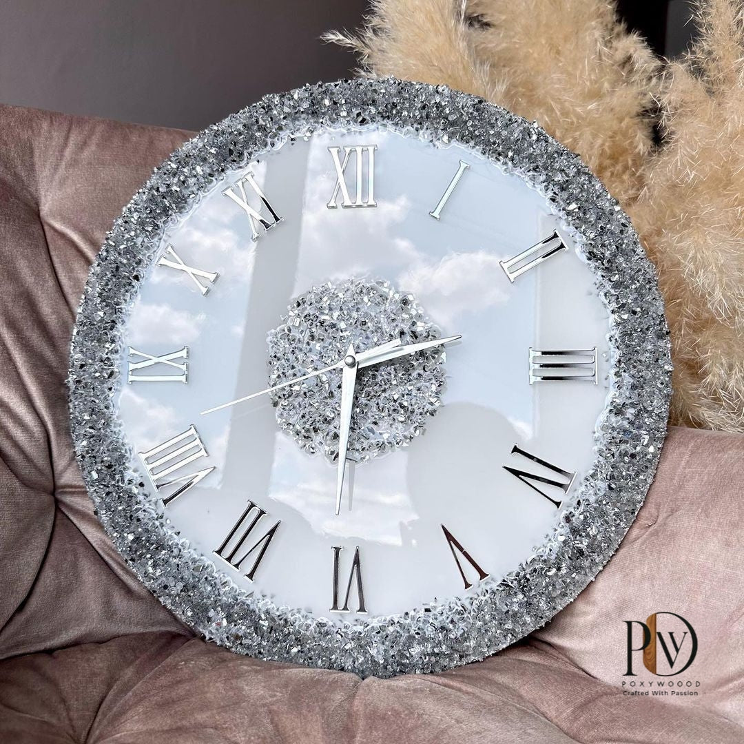 Silver Elegance  Epoxy Resin Wall Clock with Roman Numerals