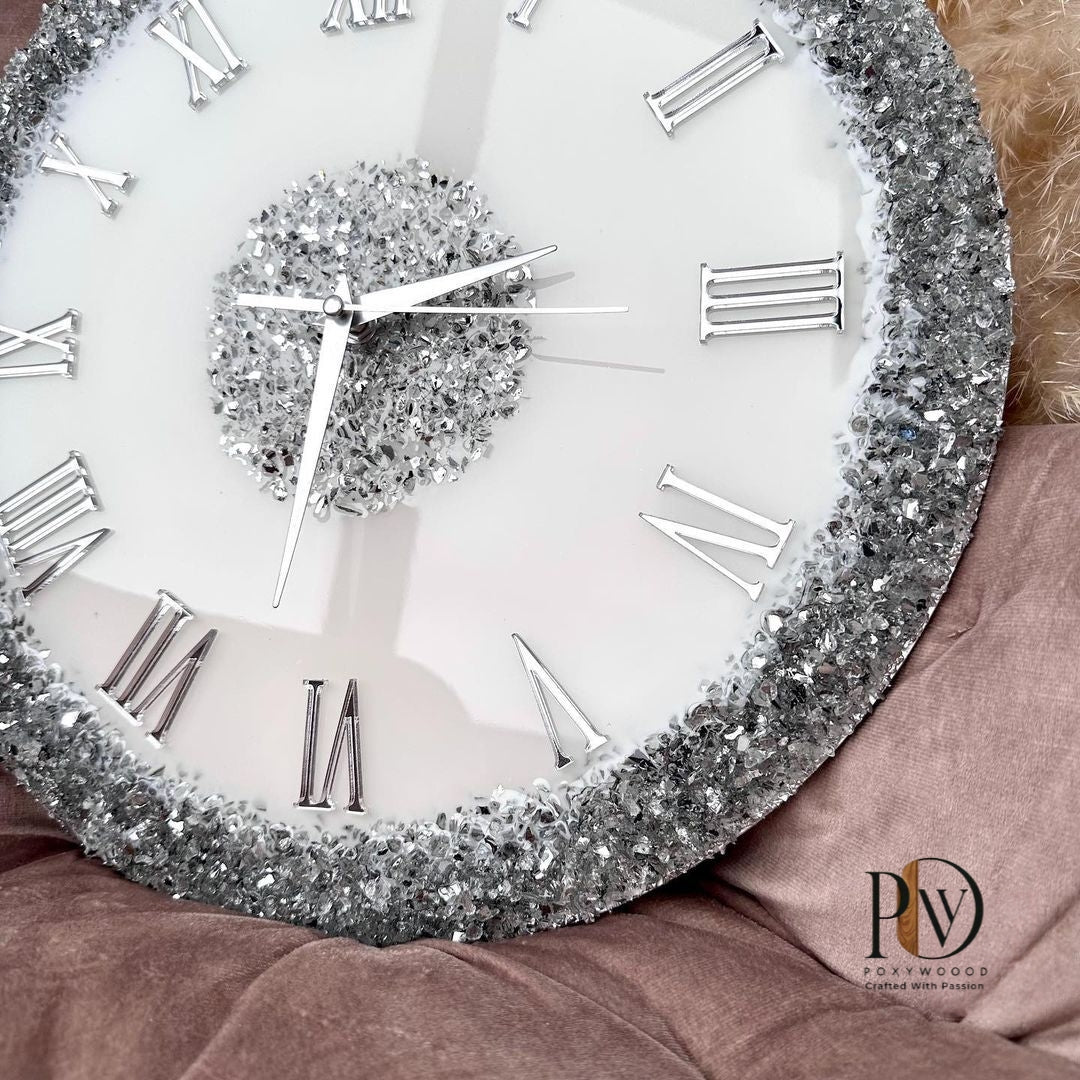 Silver Elegance  Epoxy Resin Wall Clock with Roman Numerals