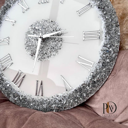Silver Elegance  Epoxy Resin Wall Clock with Roman Numerals