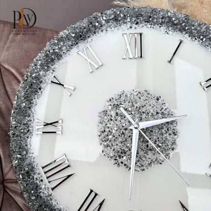 Silver Elegance  Epoxy Resin Wall Clock with Roman Numerals