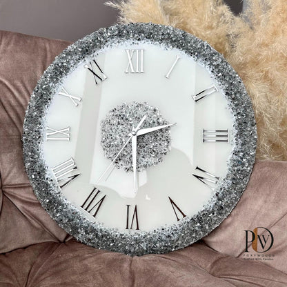 Silver Elegance  Epoxy Resin Wall Clock with Roman Numerals