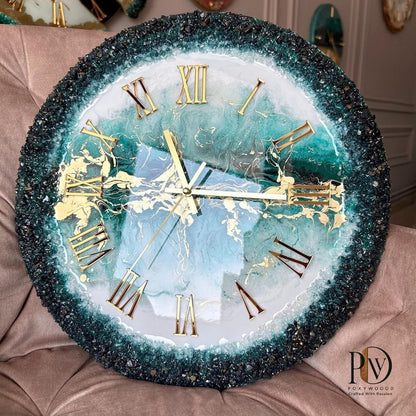 Deep Sea Opulence Intricate Green and Gold Resin Clock