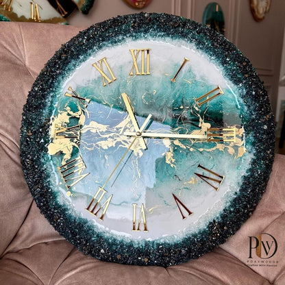 Deep Sea Opulence Intricate Green and Gold Resin Clock