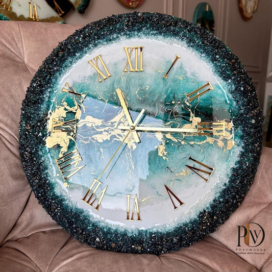 Deep Sea Opulence Intricate Green and Gold Resin Clock