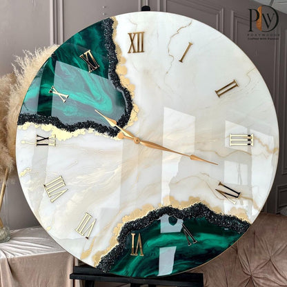 Golden Crest Elegant Green and Gold Resin Wall Clock