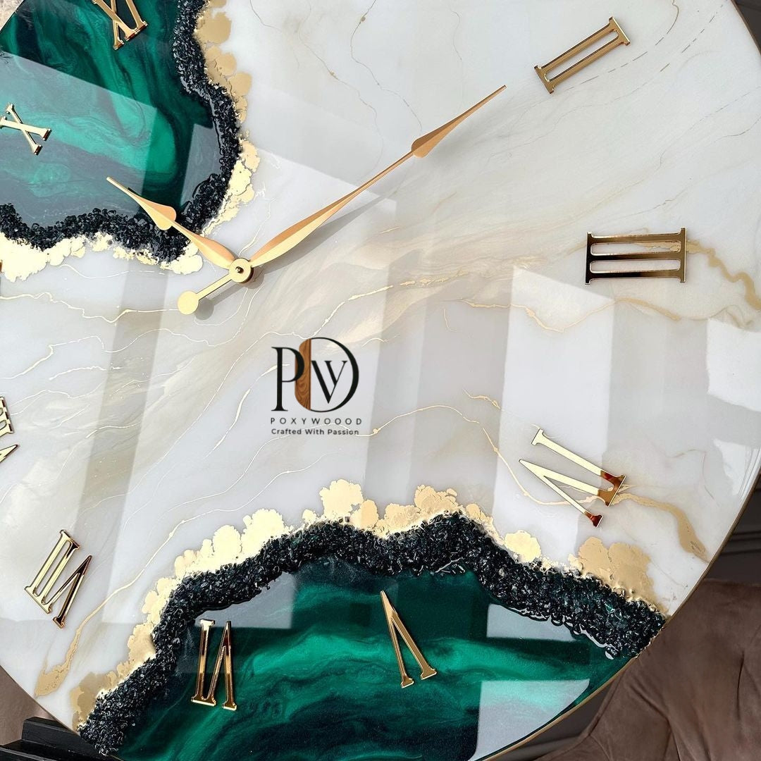 Golden Crest Elegant Green and Gold Resin Wall Clock
