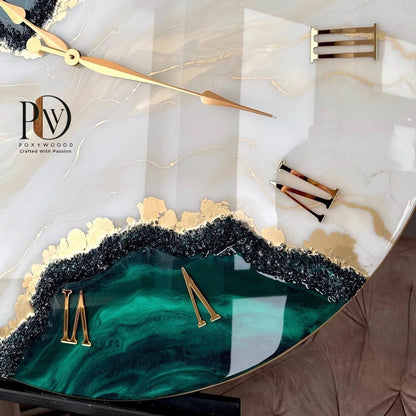 Golden Crest Elegant Green and Gold Resin Wall Clock