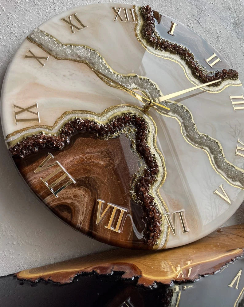 Mocha Geode Gold Resin Wall Clock