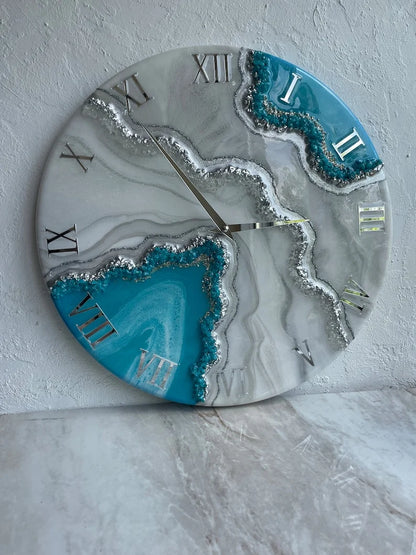 Aqua Glacier Silver Geode Resin Wall Clock