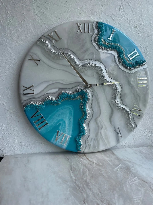 Aqua Glacier Silver Geode Resin Wall Clock