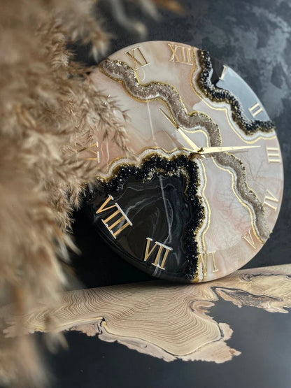 Obsidian Blush Gold Geode Resin Wall Clock