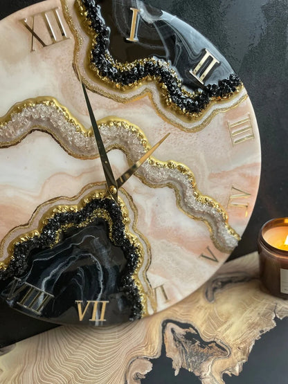 Obsidian Blush Gold Geode Resin Wall Clock