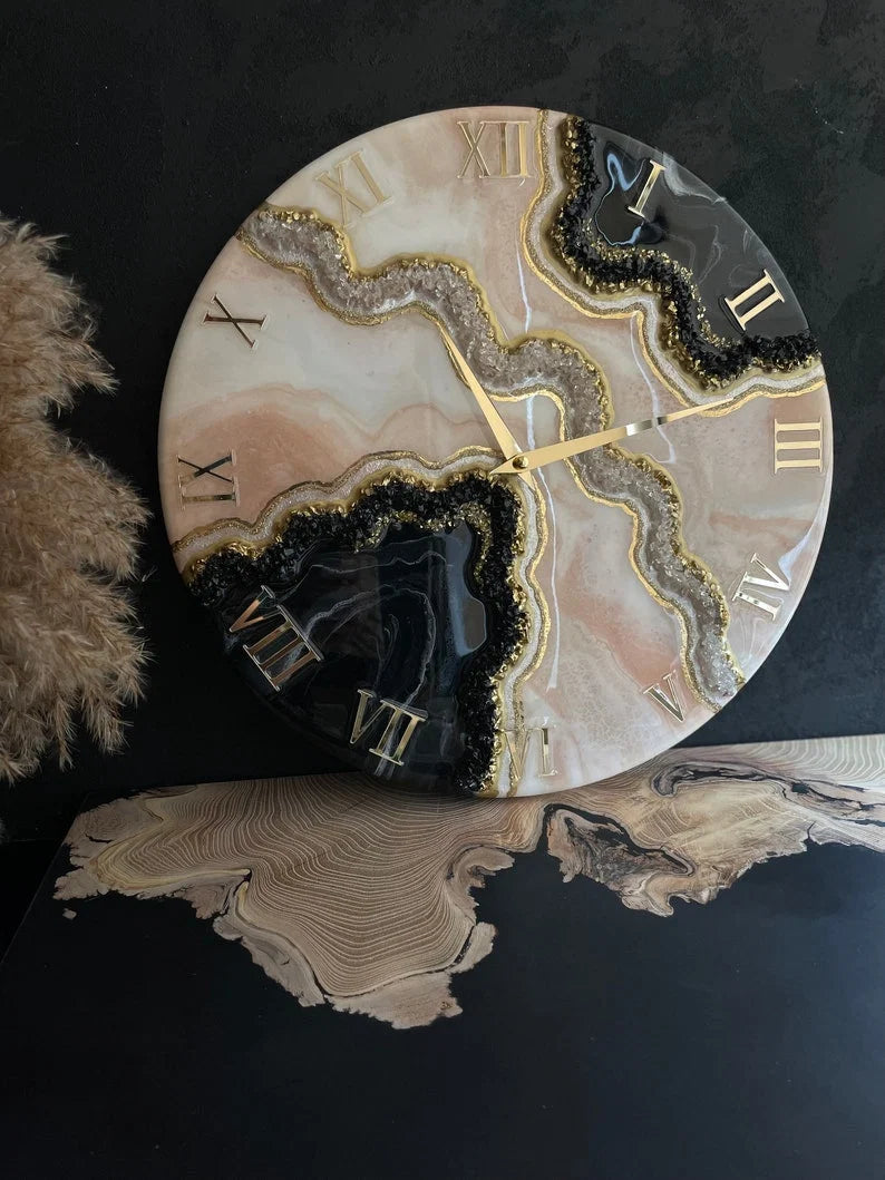 Obsidian Blush Gold Geode Resin Wall Clock