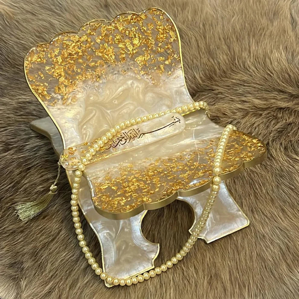 Noor Ivory Pearl & Gold Resin Rehal – Handmade Quran Stand.