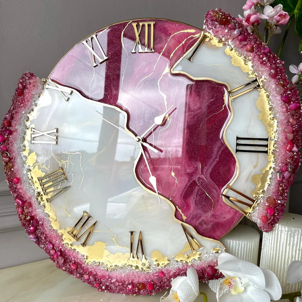 Rose Quartz Royale Gold Resin Wall Clock